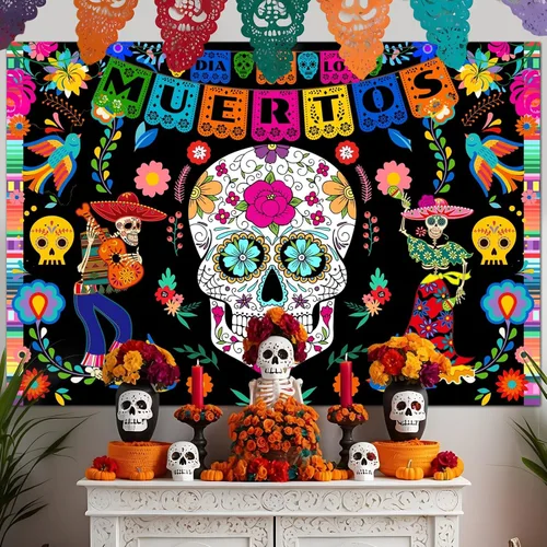 Miniatura 2 de Avezano Telón de fondo del Día de los Muertos, 5 x 3 pies, diseño de calavera de azúcar mexicana, fondo de fotografía de Dia DE Los Muertos