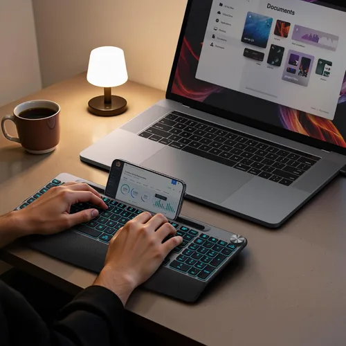 Miniatura 2 de JOYACCESS Ergonomic Wireless Keyboard with Phone Holder,Rechargeable Backlit Wireless Keyboard with Wrist Rest and Volume Knob for Laptop, PC, Mac