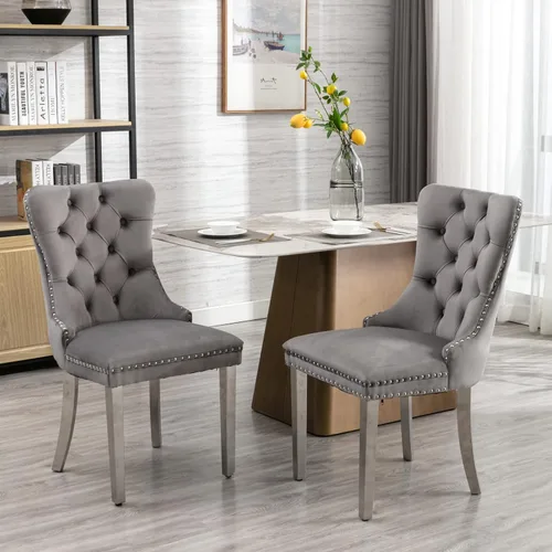 Juego de 2 sillas de comedor de terciopelo, sillas decorativas tapizadas con patas de metal plateado, ribete de cabeza de clavo, tirador de anillo