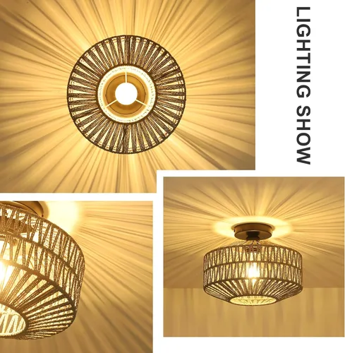 Miniatura 3 de Lámpara bohemia para techo, lámpara de techo de ratán con bombilla LED regulable, mini lámpara de araña tejida a mano para pasillo, dormitorio, Gris