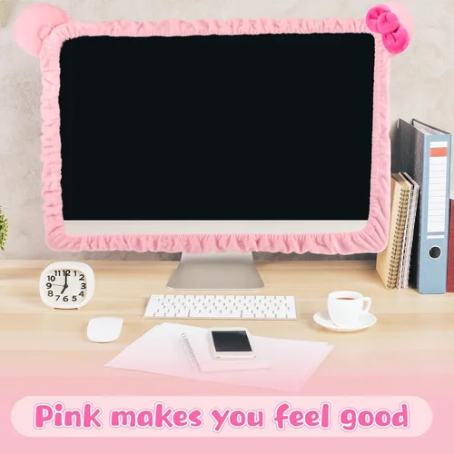 Miniatura 5 de Remagr 1 pieza Funda para monitor de computadora de 20 a 29 pulgadas con diseño de orejas de gato, cubierta de polvo para monitor rosada y peluda