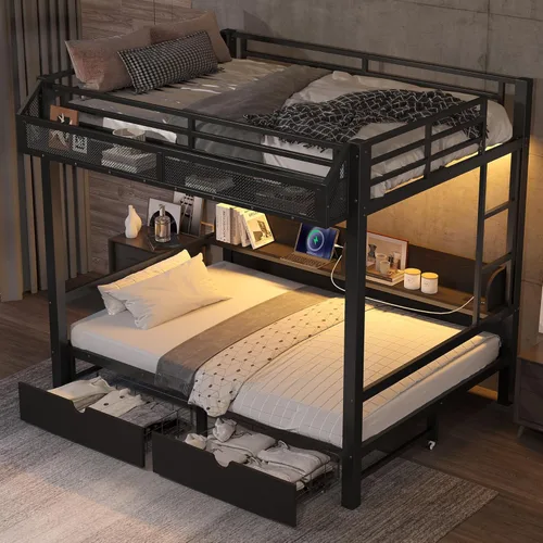 Miniatura 9 de Bellemave Litera Twin XL sobre Queen con estantes de almacenamiento y luces LED, literas de metal con escaleras, marco de litera resistente