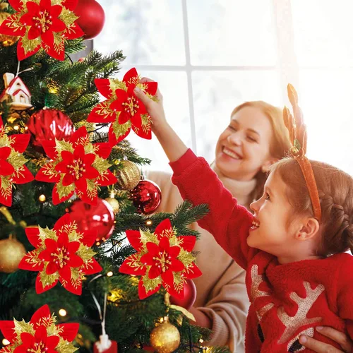 Miniatura 6 de 16 decoraciones artificiales de flor de pascua con purpurina de oro rojo – adornos de Navidad de flor de pascua roja y decoración de árbol