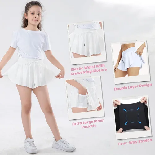 Miniatura 2 de Paquete de 3 pantalones cortos fluidos para niñas con bolsillos, 2 en 1, faldas de mariposa fluidas para jóvenes, pantalones cortos para correr
