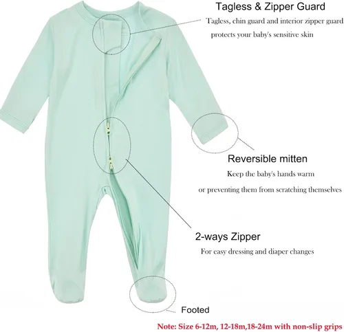 Miniatura 2 de Aablexema Pijama con cremallera para bebé, rayón de bambú, 3 piezas, unisex, con manopla, manga larga, pies