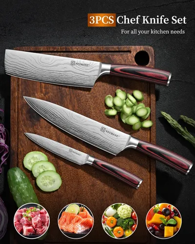 Miniatura 6 de KEEMAKE Juego de cuchillos de cocina, 3 piezas de cuchillos de chef profesionales con acero inoxidable de alto carbono, juego de cuchillos de cocina