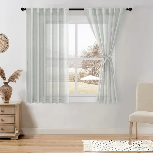 Miniatura 46 de DWCN Cortinas traslúcidas de lino floral, bolsillo para barra y pestaña trasera, cortina de mezcla de lino para dormitorio, sala de estar, cortinas