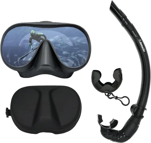 Juego de máscara de buceo HD de gran angular y esnórquel de viaje, sin marco, vidrio templado, silicona suave de calidad, antivaho, resistente a los