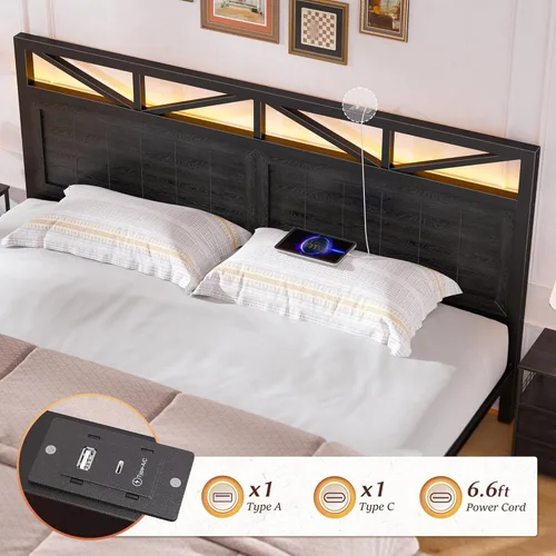 Miniatura 4 de EnHomee Marco de cama King de metal con 2 cajones de almacenamiento, cabecera de madera con iluminación LED y estación de carga, dormitorio, Negro