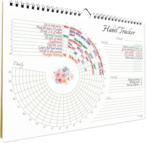 Calendario de seguimiento de hábitos (sin fecha de 12 meses), diseño floral, encuadernado en espiral y colgador, tamaño A4 (8,3 x 11.7 pulgadas),