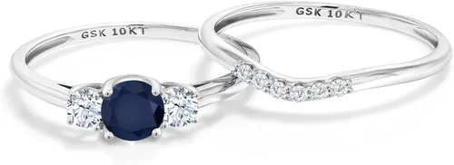 Miniatura 3 de Gem Stone King Juego de anillos de compromiso de 3 piedras de oro blanco de 10 quilates y zafiro blanco creado en laboratorio para mujer