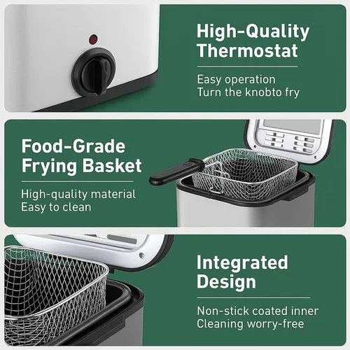 Miniatura 5 de Freidora Eléctrica de Aceite de Acero Inoxidable de 1000 W - Freidora Eléctrica de Aceite 2.5L – Freidora de Temperatura Ajustable con Canasta