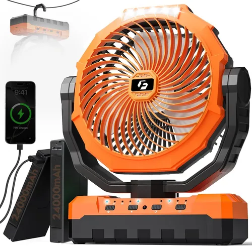 Miniatura 9 de Ventilador de campamento 3 en 1 – Ventilador portátil desmontable de 36000 mAh recargable con luz y gancho, ventiladores a batería para exteriores