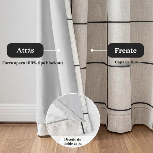 Miniatura 3 de MYSKY HOME Cortinas de Lino a Cuadros 100% Opacas de 45 Pulgadas de Largo de Doble Capa Estilo Granja con Aislamiento Térmico Estampado a Cuadros