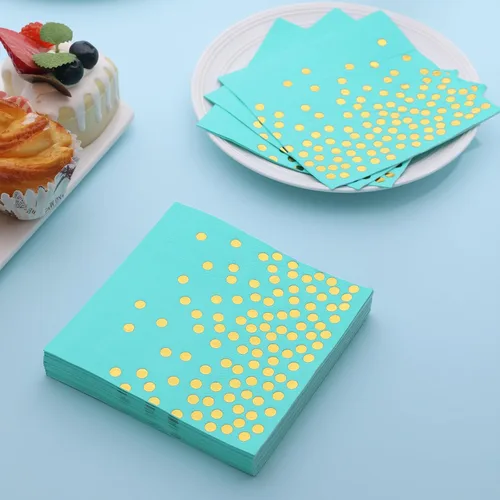 Miniatura 6 de 100 servilletas de cóctel color verde azulado – servilletas de papel verde azulado y dorado desechables – Servilletas turquesa para cumpleaños