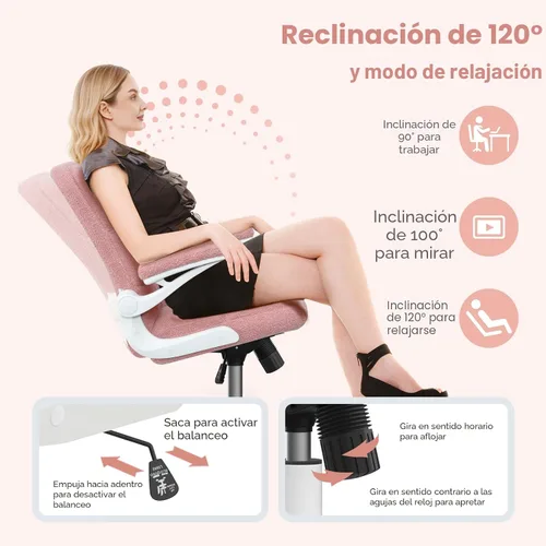 Miniatura 5 de Silla de oficina con ruedas, silla ergonómica de escritorio para computadora con reposabrazos abatible, silla giratoria ajustable con ruedas de Rosa