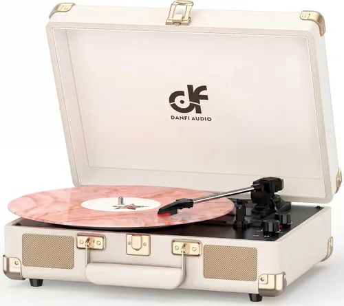Record Player with Built-in Speakers, Vintage Suitcase Vinyl Record Player with Bluetooth Input, 3-Speed Turntable, Auto Stop, RCA Output, AUX