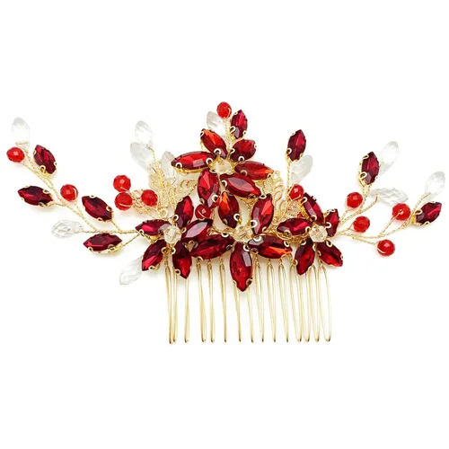 Miniatura 3 de Pieza de pelo de novia de cristal rojo con peine de flores de vid dorada, accesorios para el cabello para bodas, mujeres y niñas (dorado, rojo)