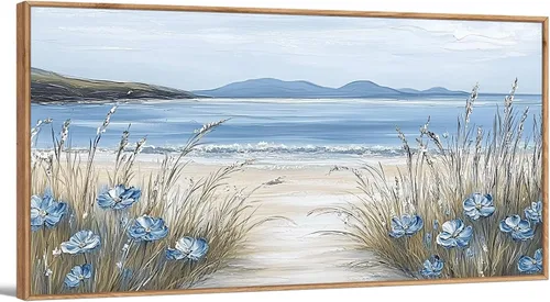 Arte de pared enmarcado, lienzo costero, imágenes horizontales temáticas de playa del océano, decoración de pared, flor azul, arte moderno enmarcado