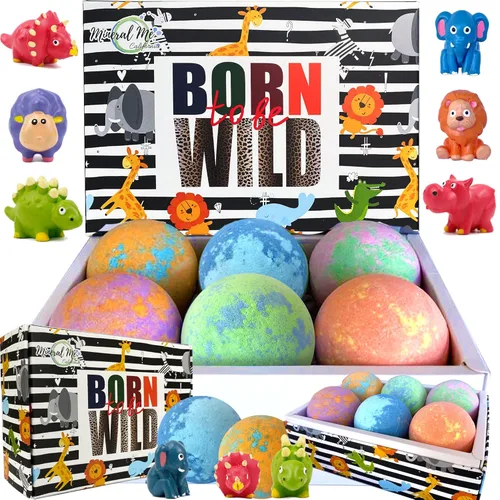 Bombas de baño para niños con juguetes en el interior – Baño orgánico de burbujas con juguetes de animales de la selva. Pelotas de baño de spa