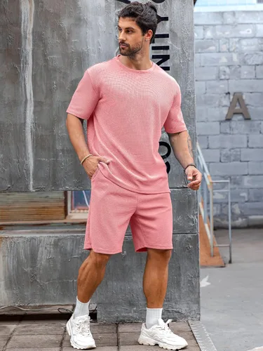 Miniatura 2 de Babioboa Conjunto de camiseta y pantalones cortos de manga corta para hombre, 2 bolsillos, de gran tamaño, de dos piezas, casual, uso diario