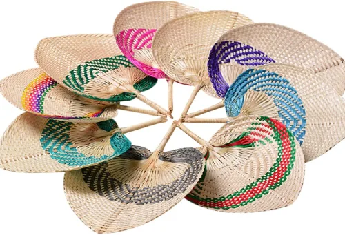 Miniatura 2 de Abanicos de mano de rafia de bambú natural, abanico de bambú de hoja de palmera, estilo chino, hecho a mano, diseño plegable tejido rústico