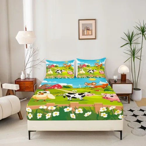 Miniatura 2 de Feelyou Juego de sábanas bajeras de animales de dibujos animados para niños, tamaño individual para niños y niñas, juego de sábanas Happy Farm