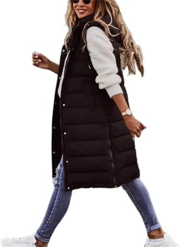 Miniatura 6 de Chaleco largo para mujer, sin mangas, acolchado, con cremallera, capucha, abrigo de invierno cálido, ligero, con bolsillos