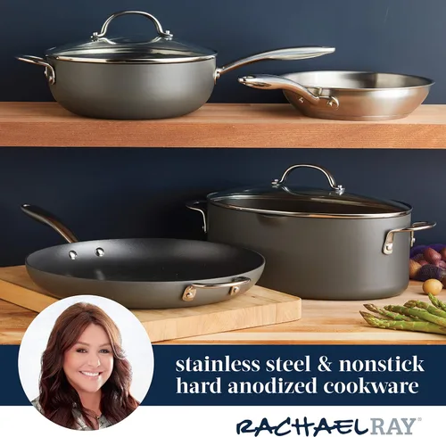 Miniatura 5 de Rachael Ray 80089 - Sartén antiadherente profesional con mango auxiliar y anodizado duro, 14 pulgadas - Gris