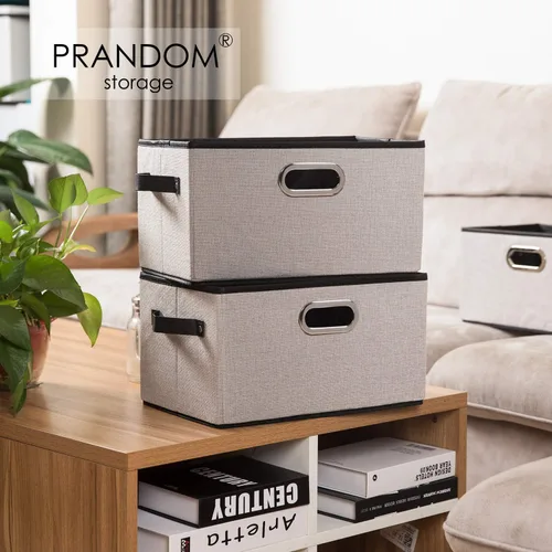 Miniatura 2 de PRANDOM Contenedores Grandes de Almacenamiento Plegables para Armario [Paquete de 3] Cubos Decorativos de Tela de Lino con Asas de Cuero/Metal
