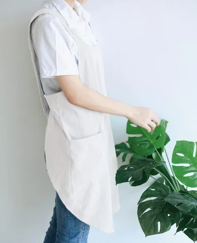 Miniatura 4 de NEWGEM - Delantales de cocina de lino japonés para mujeres y hombres, con tirantes cruzados y bolsillos, para repostería y cocina 11 - Mujer Blanco