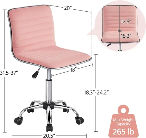 Miniatura 3 de Yaheetech Silla de tocador de respaldo bajo sin brazos de terciopelo acanalado, altura ajustable, giratoria, para oficina, color rosa albaricoque