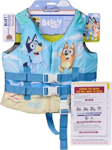 SwimWays Bluey Chaleco salvavidas aprobado por la Guardia Costera de Estados Unidos, chaleco de natación para niños de 33 a 55 libras, azul