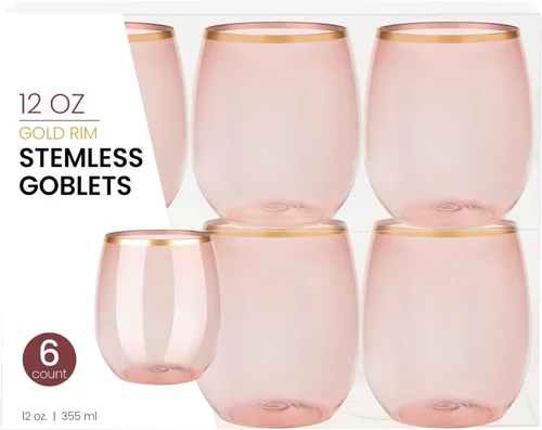 Miniatura 10 de PLASTICPRO Paquete de 12 copas de vino de plástico azules con borde dorado, sin tallo, desechables, de 12 onzas, sin BPA, inastillables, copas