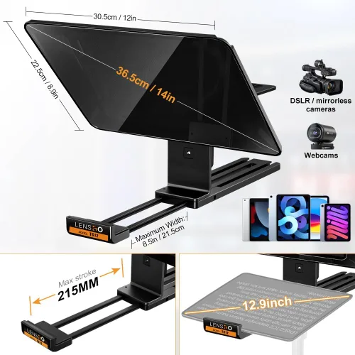 Miniatura 2 de LENSGO Teleprompter de aluminio de 12.9 pulgadas para iPad Tablet, cámaras réflex digitales con control remoto, aplicación compatible