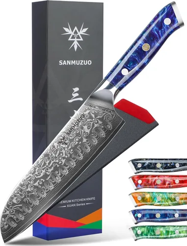 Cuchillo Santoku - 17,78 cm - Serie Xuan - Cuchillo de cocina de acero VG10 Damasco - Mango de resina (Azul zafiro)