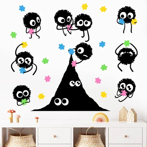 Mfault Calcomanías de pared de Soot Sprites, coloridos caramelos hexagonales de polvo, decoración de aula, dormitorio, sala de juegos, decoración