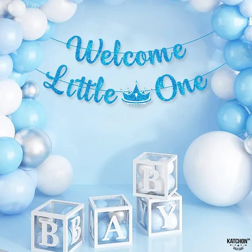 Miniatura 3 de KatchOn Cartel de bienvenida con purpurina Little One - Azul, 10 pies, sin bricolaje Cartel de bienvenida para decoración de baby shower para bebé