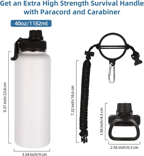 Miniatura 3 de Volhoply Botellas de agua aisladas en paquete de 2, 40 onzas, botella deportiva de acero inoxidable con asa de paracord y tapa con boquilla, taza