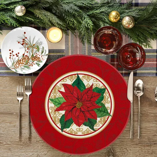 Miniatura 2 de Artoid Mode Juego de 4 manteles individuales redondos de Navidad con acuarela de Poinsettia roja, 15 pulgadas, alfombrillas de mesa redondas