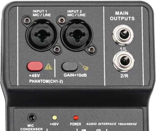 Miniatura 5 de Mezclador de audio de 2 canales, consola de mezcla, tablero de sonido, mezclador profesional USB, potencia de 48 V, alta precisión, resolución