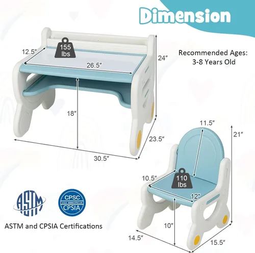 Miniatura 7 de Costzon - Juego de mesa y silla para bebé, escritorio de actividades de plástico con pizarra, bolígrafos de acuarela, borrador de pizarra y estante
