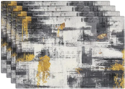 Emvency Juego de 4 manteles individuales de granja, pintura de arte vintage abstracta en blanco, negro y dorado de 12x18 pulgadas para decoración de