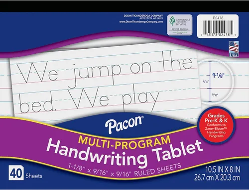 Pacon Papel de Escritura a Mano, Zaner-Bloser Grados Pre-K y K, Rayado 1-1/8" x 9/16" x 9/16", 10-1/2" x 8", Reglado Largo, 40 Hojas