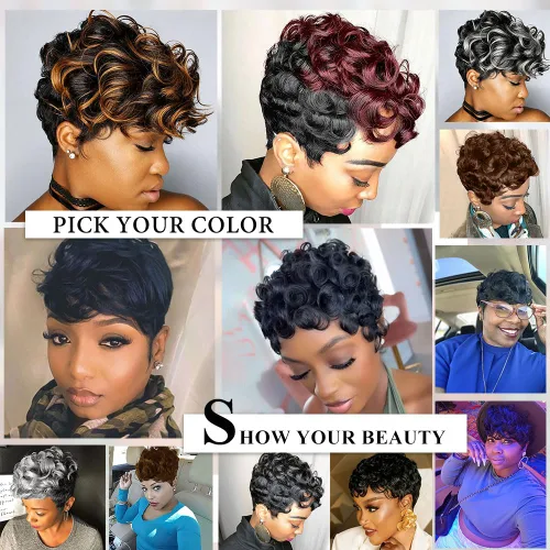 Miniatura 7 de MOONSHOW - Pelucas cortas de corte Pixie para mujeres negras, peluca de corte Pixie marrón Short Pixie Wigs for Black Women Natural Layered Short
