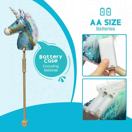 Miniatura 7 de HollyHOME Caballo de unicornio con lentejuelas, caballo de juguete artesanal con palo y ruedas de madera, sonidos reales de relincho y galope de Azul