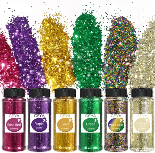 Ceya Brillantina Mardi Gras, 6 colores, 4.23 onzas cada frasco de 1/24 pulgadas, para manualidades, para máscaras, sombreros, vasos de globo de