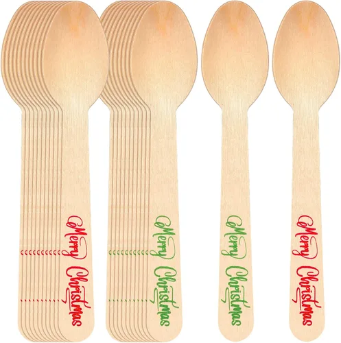 Hoolerry 100 piezas de cucharas de madera desechables para Navidad 5.5'' de cocoa caliente, chocolate, bastón de caramelo, cucharas de degustación