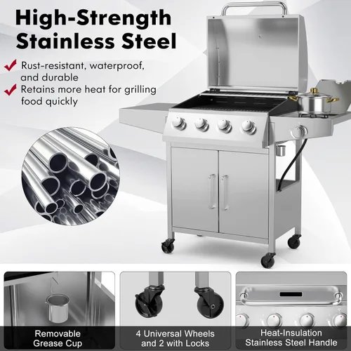 Miniatura 5 de Giantex Parrilla de gas propano de 50,000 BTU, 4 quemadores principales, 1 quemador lateral, 2 mesas de preparación, parrilla de barbacoa de acero
