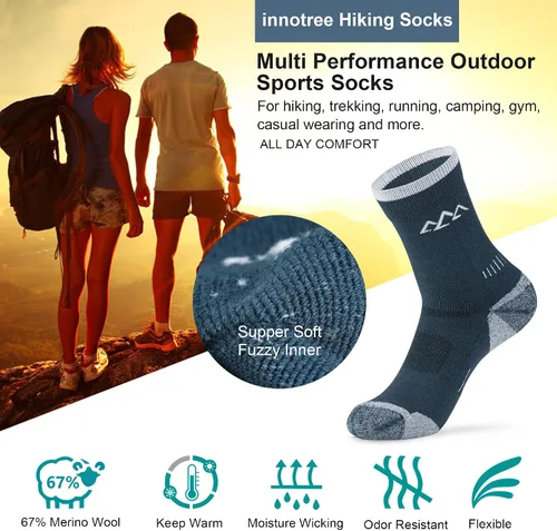 Miniatura 5 de innotree Paquete de 3 calcetines de senderismo de lana merino para hombre, calcetines de senderismo acolchados micro Crew para senderismo que